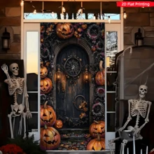 2D Flat Banner 1pc Halloween Vintage Pumpkin Door Curtain Hanging Cloth, Dark Gothic Pumpkin Lantern Clock Print Door Cover, Suitable For Halloween Indoor/Outdoor Holiday Decoration, Party Backdrop, Theme Photography Wall, Creating Horror Mysterious Atmosphere, Polyester Material - A - View 2
