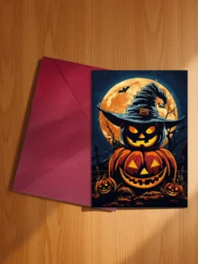1pc Cross-Border New Halloween Greeting Card Collection, Cute Cartoon Pumpkin Ghost Black Cat Greeting Card With Envelope Set - B - View 5