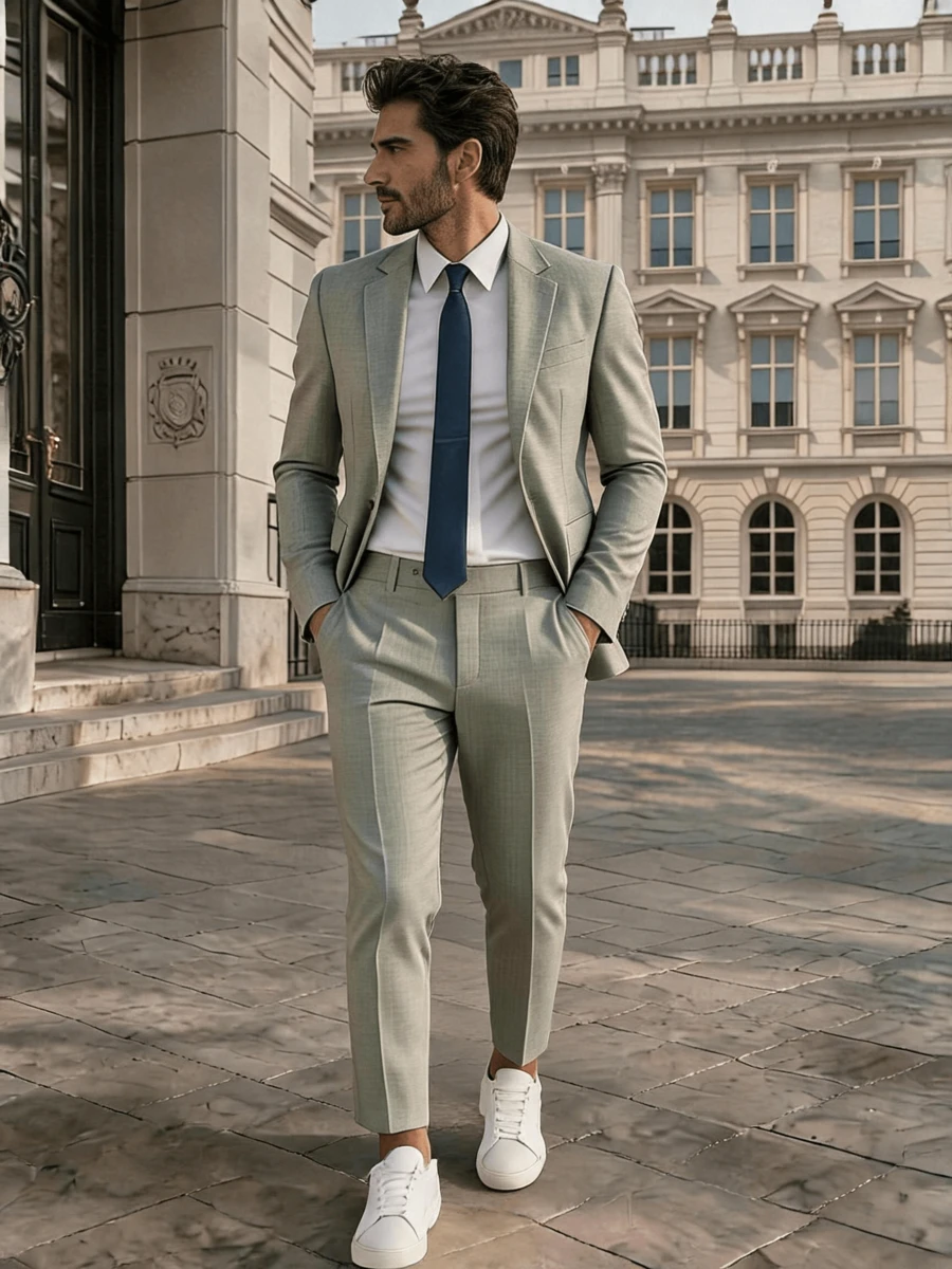 2pcs Men's Suit Set, Green Blazer Jacket And Pants, British Style Casual Business Commute Wedding Party Formal Wear, Spring/Summer - Green - View 1