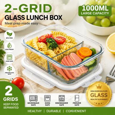 1040ml High Borosilicate Glass Lunch Box With Lids, 2 Compartment Bento Food Storage Container, Microwave & Refrigerator Meal Prep Containers, Easy Clean Kitchen Storage Organizer, Snack Box For Office, School, Picnic & Camping