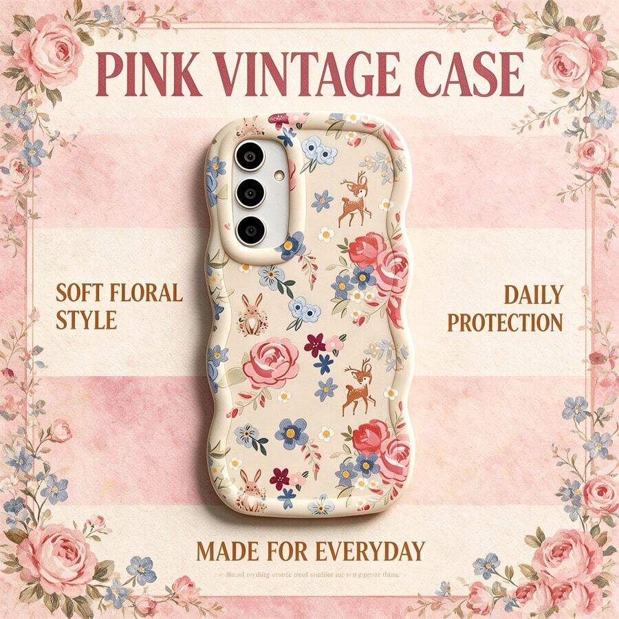 1pc Full Screen Floral Deer Cute Flower Fresh Deer Pink White Personalized Creative Simple Retro Fashion European American Ins Gentle Style Girls Beautiful, Macaron White Full Coverage Anti-Fall Fresh Colorful Wave Shape Cream Style, [International Version Not Local Version] Suitable For Android/GALAXY/A/S/FE/PLUS/ULTRA/NOTE/POCO/Transsion/HOT/SPARK/POP/SMART/RENO/Honor/Phone Case/Protective Cover