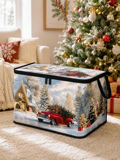 3pcs Christmas Foldable Storage Box With Zipper Lid,Foldable Zipper Storage Box,Christmas Storage Bin With Lid And Carrying Handle,Large Capacity Clothes & Bedding Organizer With Handles,Christmas Tree & Red Truck Pattern Storage Bin For Blankets