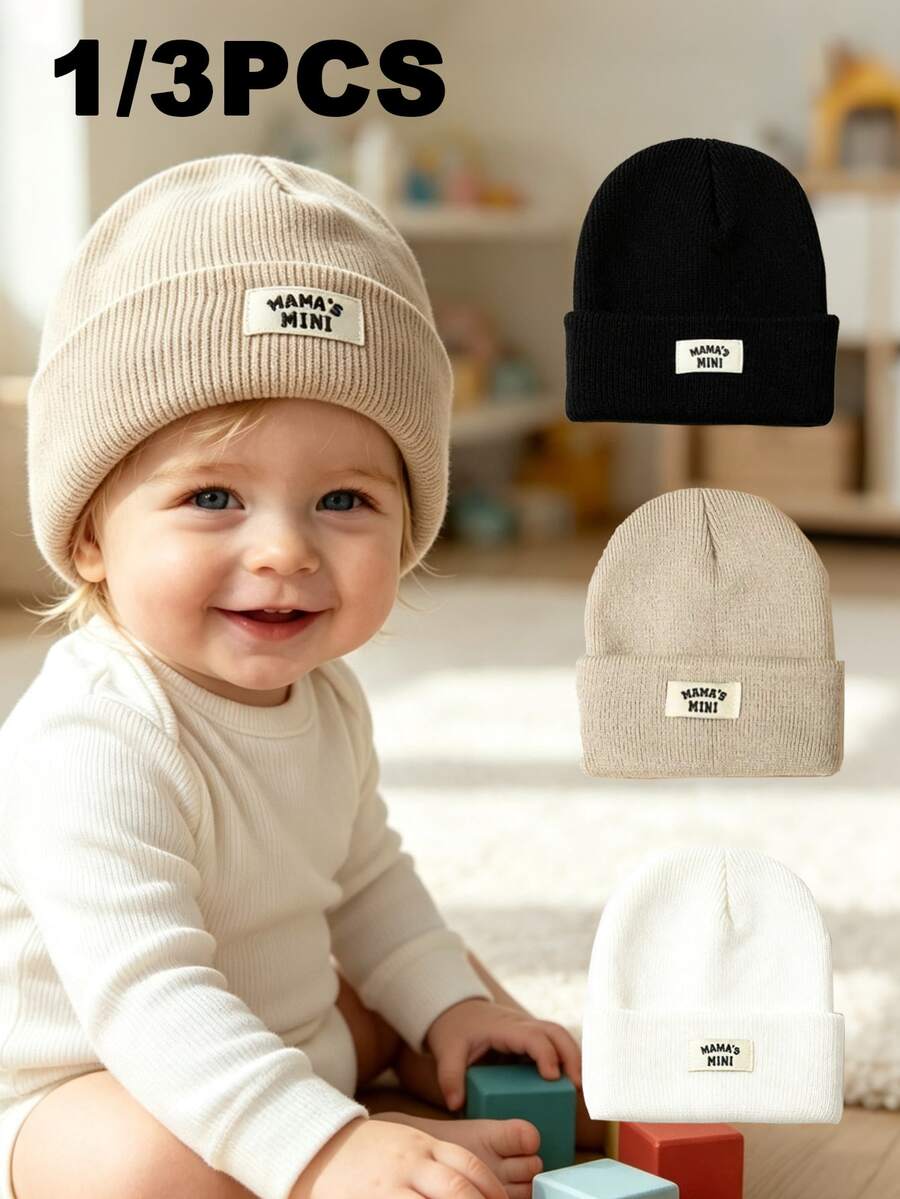 1 buah/3 buah Topi Rajut Bayi dengan Tempelan Huruf, Cocok untuk Bayi dan Balita, Hangat di Musim Dingin, Unisex, Pakaian Luar Ruangan - MultiWarna - View 1