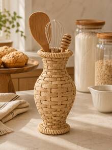 1pc Woven Rattan Style Kitchen Utensil Holder Set, Large And Small Cutlery Organizer For Cooking Tools, Spoons, Forks, Chopsticks, Straws, Rustic Farmhouse Countertop Storage Basket, Kitchen Decor - Multicolor - View 8