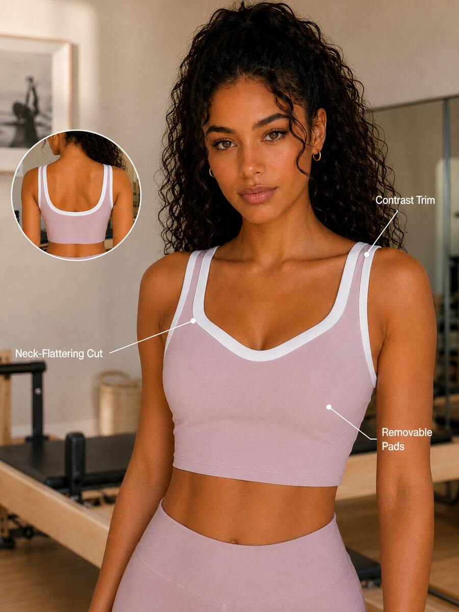 Sodalemon Women's Sports Bra Fitness Tank Top, Contrast Trim Design, Removable Padding, Wavy Neckline, Yoga Workout Tank, Gym Training Running Tank - Mauve Purple - View 1