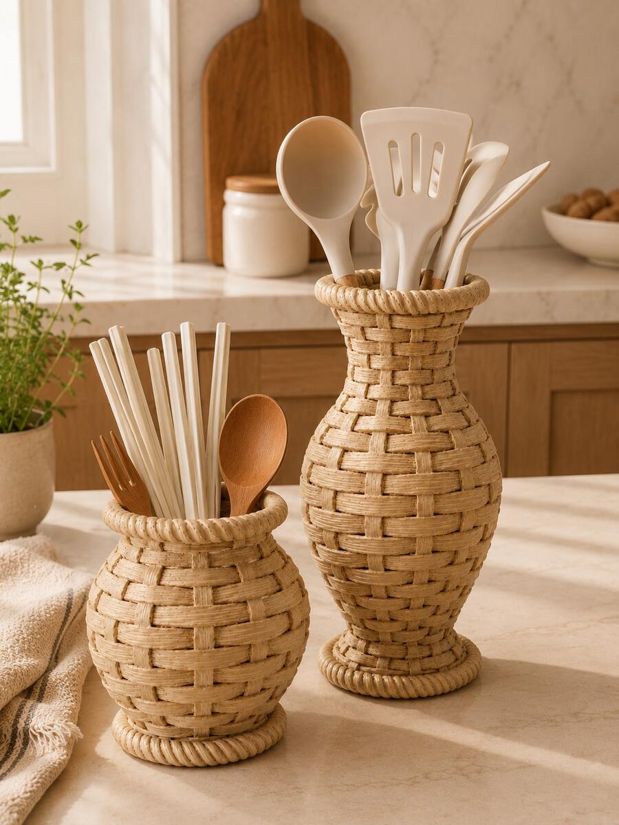 1pc Woven Rattan Style Kitchen Utensil Holder Set, Large And Small Cutlery Organizer For Cooking Tools, Spoons, Forks, Chopsticks, Straws, Rustic Farmhouse Countertop Storage Basket, Kitchen Decor - Multicolor - View 1