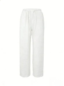 Women's Casual White Cotton Blend Loose Straight Leg Pants, Long Leg, With Pleated Details, Non-Stretch Fabric - White - View 5