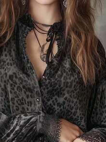 Fashionable Leopard Print Women's Long Sleeve Button-Down Shirt, Contrast Lace Cuffs And Bishop Sleeves, Elegant Polyester Top - Multicolor - View 3