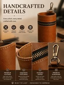 Luxury Handmade Leather Car Storage Box, Vintage Zipper Coin Organizer, High-End Craftsmanship Car Cup Holder Small Item Storage Box, Unique Gift For Drivers - One Size Fits All - View 2