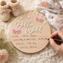 Hello World Wooden Newborn Birth Announcement Board, Name Date Time Weight Height Handwritten Record Board, Bow & Flower Decor Baby Photo Prop, Full Month Gift Ornament - Multicolor - View 1