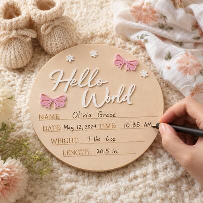Hello World Wooden Newborn Birth Announcement Board, Name Date Time Weight Height Handwritten Record Board, Bow & Flower Decor Baby Photo Prop, Full Month Gift Ornament