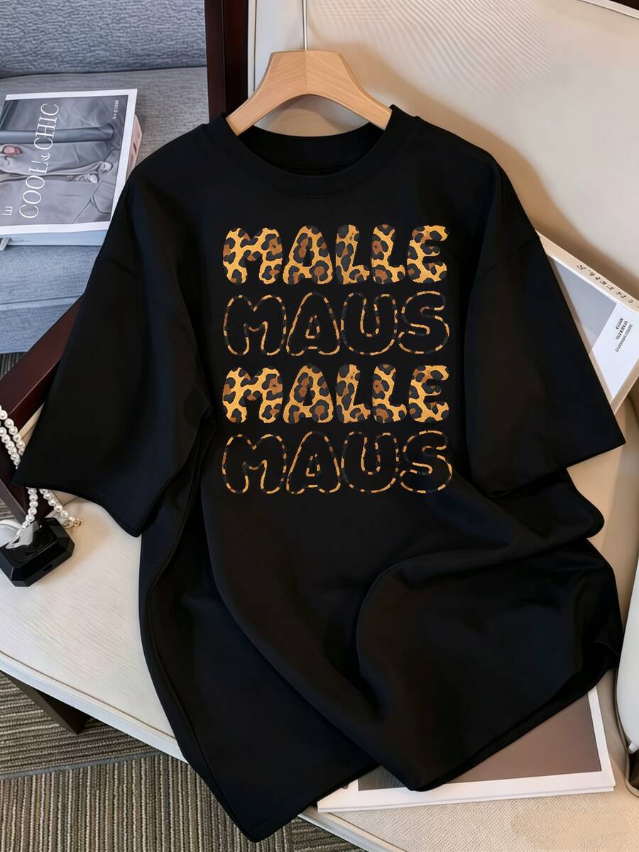 Malle Maus Leopard Print Vacation Graphic T-Shirt, Women's Vintage Retro Mallorca Beach T-Shirt, Casual Cheetah Print Top For Summer Streetwear - 黑色 - 查看 1
