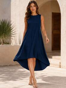 Women's Asymmetrical Dress, Sleeveless High Low Hem Beach Dress, Breathable Summer Midi Dress For Vacation Outfits Women And Resort Wear - 藏青色 - 查看 1