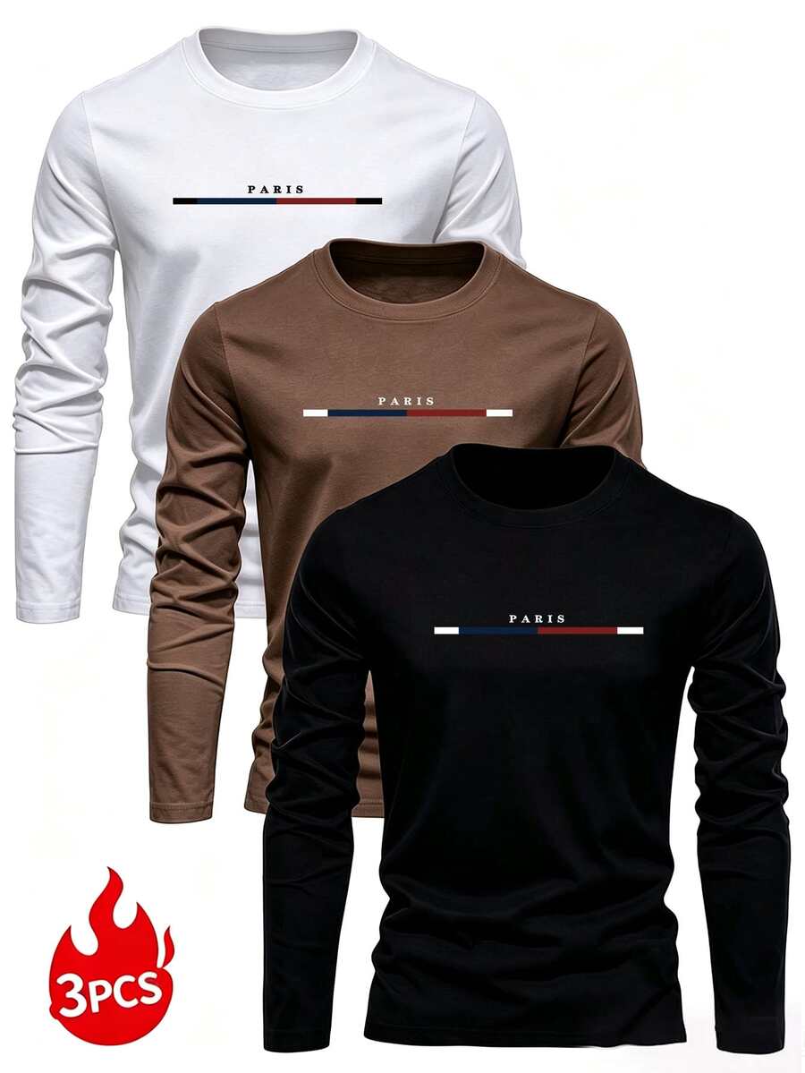 Men's Autumn Casual Daily Minimalist Letter Print Long Sleeve T-Shirt 3-Piece Set - Multicolor - View 1