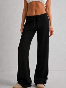 Women's Low-Rise Modal Knit Drawstring Wide-Leg Pants With Contrast Piping - Black - View 2