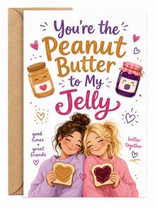 Peanut Butter To My Jelly Friendship Greeting Card With Kraft Envelope, Cute Best Friends PB&J Cartoon Design Wish Note Card, Heart Decor Hand Lettering Art Postcard, Sweet Gift For BFF Birthday Friendship Day For Women Best Friends - Multiple Styles - View 1