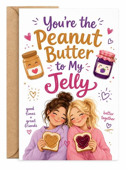 Peanut Butter To My Jelly Friendship Greeting Card With Kraft Envelope, Cute Best Friends PB&J Cartoon Design Wish Note Card, Heart Decor Hand Lettering Art Postcard, Sweet Gift For BFF Birthday Friendship Day For Women Best Friends