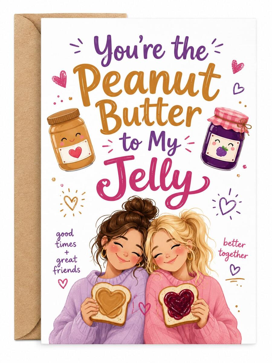 Peanut Butter To My Jelly Friendship Greeting Card With Kraft Envelope, Cute Best Friends PB&J Cartoon Design Wish Note Card, Heart Decor Hand Lettering Art Postcard, Sweet Gift For BFF Birthday Friendship Day For Women Best Friends - Multiple Styles - View 1