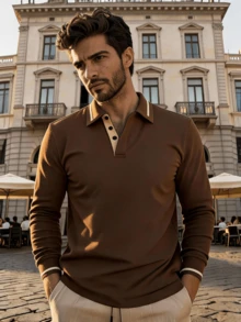 1 buah Kemeja Polo Lengan Panjang Kancing Seperempat Kasual Pria, Cocok untuk Musim Semi dan Gugur, untuk Golf, untuk Musim Gugur - Coffee Brown - View 1