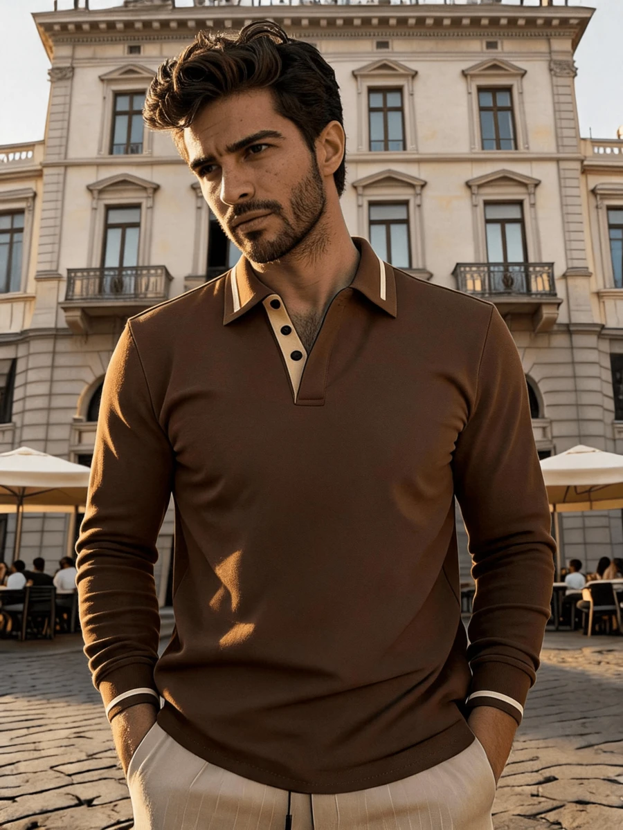 1 buah Kemeja Polo Lengan Panjang Kancing Seperempat Kasual Pria, Cocok untuk Musim Semi dan Gugur, untuk Golf, untuk Musim Gugur - Coffee Brown - View 1