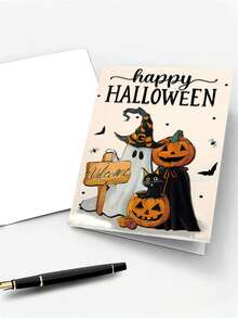 1pc New Halloween Greeting Card Collection, Cute Cartoon Pumpkin Ghost Black Cat Card With Envelope Set - A - View 3