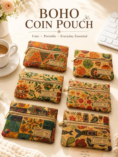 XD 6pcs/3pcs/1pc Vintage Cork Texture Double Zipper Kids Coin Purse, Multi-Functional Compartment Card Holder Coin Storage Bag, Lightweight Portable Small Wallet, Can Store Cards, Coins, Small Accessories, Simple Fashion Handbag For Kids Commute/Outdoor Travel