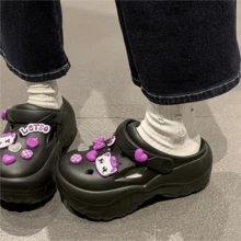 女款可愛貓咪設計洞洞鞋，時尚厚底平台鞋底，防滑卡通沙灘拖鞋，夏季穆勒鞋，新款軟底舒適半包頭拖鞋，適合護理師、工作、戶外穿著、沙灘、手術室，包趾洞洞鞋 - 黑色 - 查看 6