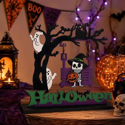 Halloween Decorations - Skeleton Ghost Wooden Centerpiece Table Decor | Halloween Party Decorations For Indoor Home - Halloween Tabletop Craft Decor For Trick Or Treat Party Favors Supplies