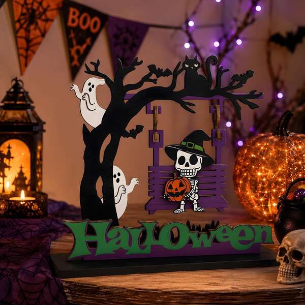 Decoraciones de Halloween - Centro de mesa de madera con esqueleto y fantasma | Decoraciones de fiesta de Halloween para el hogar interior - Decoración de mesa de Halloween para manualidades, suministros de regalos para fiesta de Trick or Treat