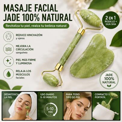 MORE BEAUTY Rodillo Facial de Jade Natural y Piedra Gua Sha, Kit de Masaje Facial para Rostro, Cuello y Contorno de Ojos, Ayuda a Reducir la Apariencia de Hinchazón, Favorece una Sensación de Relajación, Herramienta de Belleza para Spa en Casa, Cuidado Diario de la Piel, Regalo para Mujeres