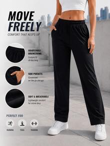Women's Elastic Waist Drawstring Straight Leg Pants With Side Pockets, Relaxed Full Length Casual Active Trousers For Yoga - Black - View 2