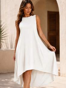 Women's Asymmetrical Dress, Sleeveless High Low Hem Beach Dress, Breathable Summer Midi Dress For Vacation Outfits Women And Resort Wear - 白色2 - 查看 3