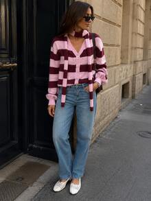 Áo cardigan len nữ cổ chữ V kẻ sọc hồng nâu, tay dài, chi tiết dệt gân, kèm khăn quàng, co giãn vừa, kiểu chui đầu - Nâu hồng - Xem 6