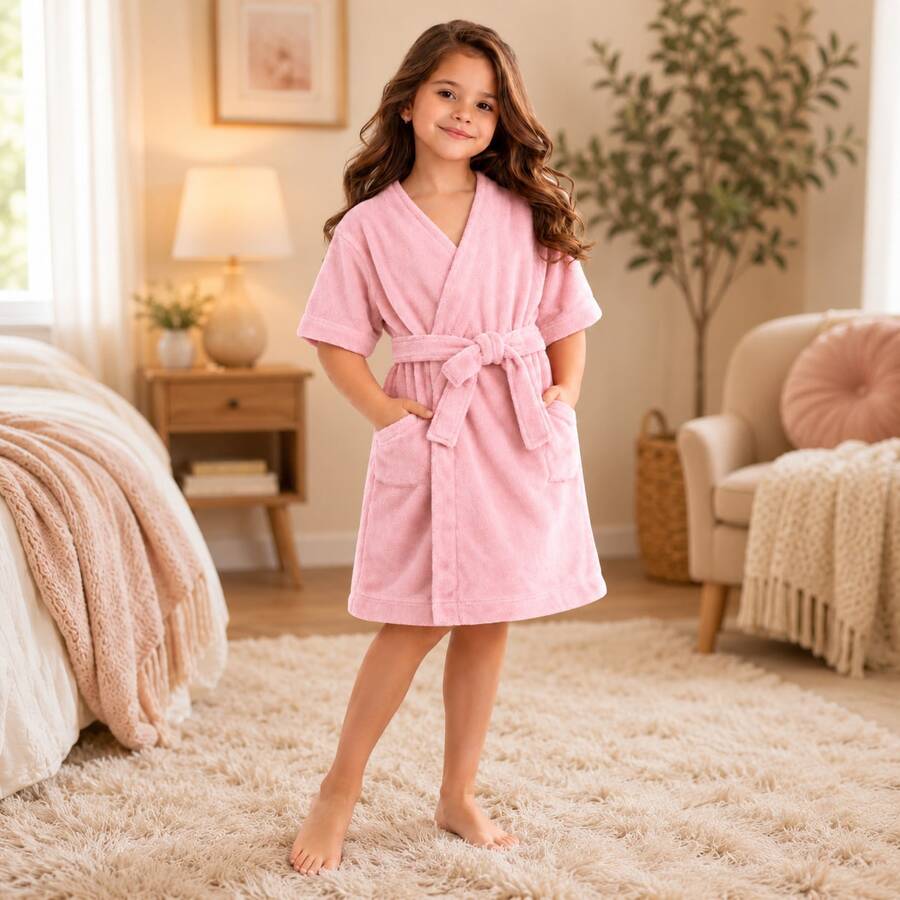 Soft Touch Roupão Infantil Menino Menina Atoalhado Microfibra Felpudo Unissex Pós Banho Piscina Praia Absorvente - Rosa Bebê - Visão 1