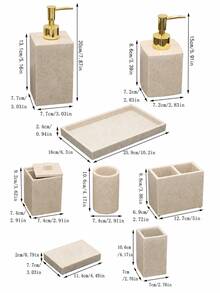 Sandstone Color Bathroom Accessories, Modern Farmhouse Style, Including Toothbrush Holder, Soap Dispenser, Tray, Tumbler And Cotton Swab Holder - Sandstone - View 9