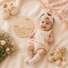Hello World Wooden Newborn Birth Announcement Board, Name Date Time Weight Height Handwritten Record Board, Bow & Flower Decor Baby Photo Prop, Full Month Gift Ornament - Multicolor - View 2