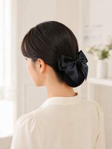 1pc Women's Detachable Hair Net Bow Hair Clip, Black Satin Ribbon Bun Hair Net With Removable Base Clip, Secure Hair Tie Net For Neat Updo Hairstyles; Suitable For Office, Dance, Ballet, Restaurant Work, Bedroom Grooming, Back To School Outfits, All-Season Style, Can Be Used As Holiday Gift - Black - View 7