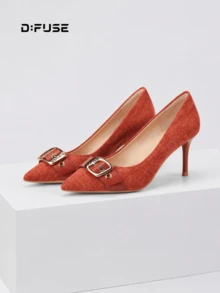 D:FUSE Women Houndstooth Decor Metal Buckle Pointed Toe Slip On Stiletto High Heel Pumps Vintage Office Siren Cozy Date Daily Wedding Red Microfiber - Burnt Orange - View 9
