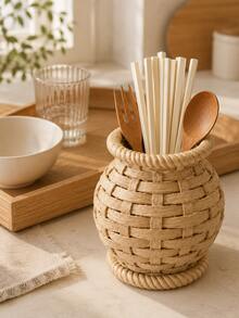 1pc Woven Rattan Style Kitchen Utensil Holder Set, Large And Small Cutlery Organizer For Cooking Tools, Spoons, Forks, Chopsticks, Straws, Rustic Farmhouse Countertop Storage Basket, Kitchen Decor - Multicolor - View 4