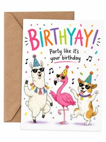 Birthyay Funny Dancing Animal Birthday Greeting Card With Kraft Envelope, Cute Llama Flamingo Dog Party Cartoon Print Confetti Music Note Wish Card, Colorful Lettering Design Novelty Happy Birthday Gift For Kids Adults Friends Family - Multiple Styles - View 1