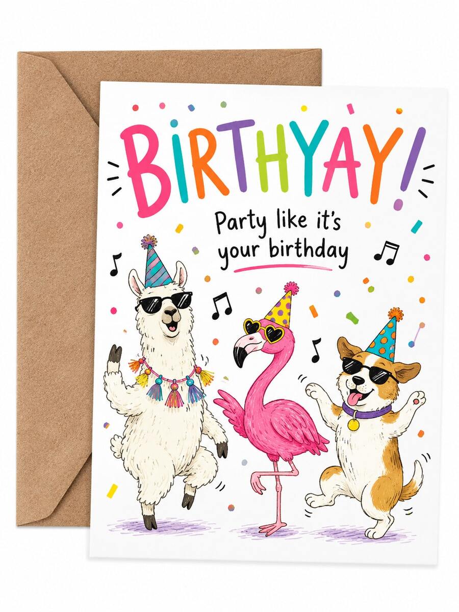 Birthyay Funny Dancing Animal Birthday Greeting Card With Kraft Envelope, Cute Llama Flamingo Dog Party Cartoon Print Confetti Music Note Wish Card, Colorful Lettering Design Novelty Happy Birthday Gift For Kids Adults Friends Family - Multiple Styles - View 1