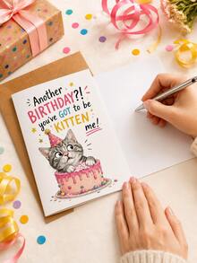 5pcs Funny Kitten Birthday Greeting Card With Kraft Envelope, Cute Tabby Cat In Cake Cartoon Print Happy Birthday Note Card, Humorous Quote Design Party Wish Card, Novelty Birthday Gift For Cat Lovers Friends Family Women Men - Multiple Styles - View 4
