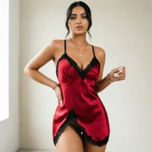 Women Satin Slip Dress Pajamas Lingerie V‑Neck Lace Trim Criss‑Cross Backless Nightgown Elegant Side Slit Silky Glossy Luxury Romantic Sleepwear - Burgundy - View 3