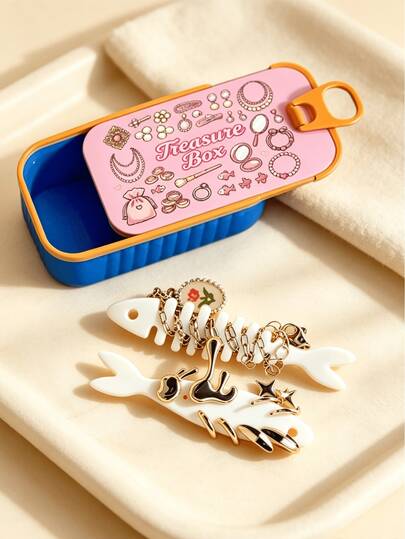 Contrast Color Cartoon Print Treasure Box Portable Jewelry Box, With Fishbone Divider And Snap Seal, Mini Travel Earring, Ring, Necklace Jewelry Organizer Box, Suitable For Delicate Girls, Students, Jewelry Lovers, Qixi, Birthday, Best Friend Gifts, Small Travel Jewelry Storage Box