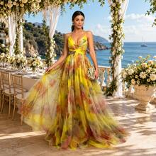 Vestido de punto estampado con bufanda, vestido de vacaciones casual - Amarillo - Ver 2