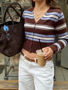 Women's Vintage Striped Short Cardigan Sweater, Long Sleeve, Ribbed Knit Hem, V-Neck, High Elastic Polyester Fabric, Suitable For Autumn/Winter Outfits, Versatile Casual Style - Brown - View 3