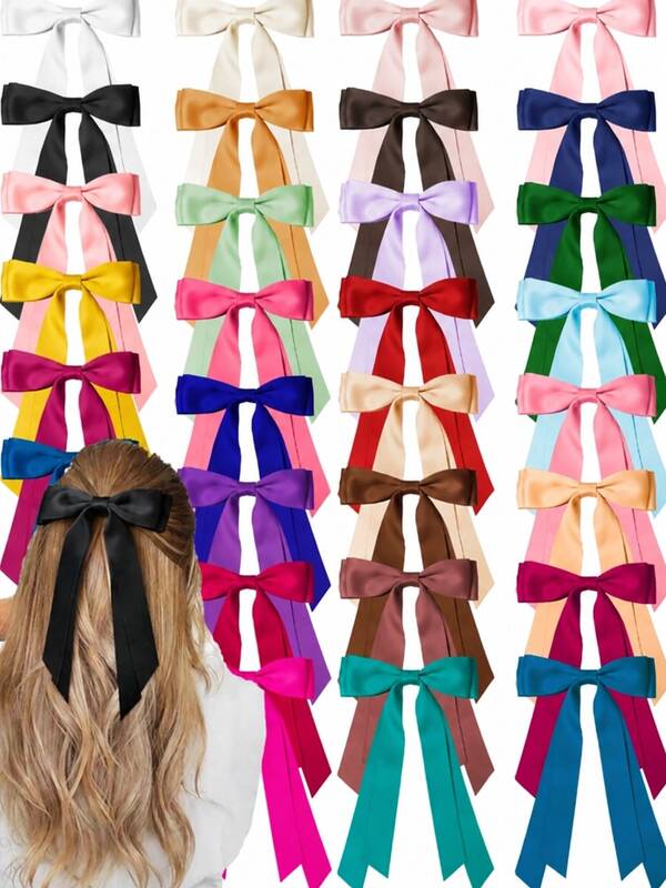 20Pcs Satin Silk Hair Bow Clips With Long Ribbon Tail For Women Girls Multi Color Coquette Bow French Barrettes Hair Accessories Fall Y2k