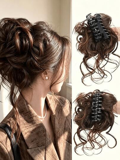1pc/4pcs Women's Claw Clip Fluffy Bun Hair Accessory, Short Curly Wavy Hair Claw, Chestnut High Ponytail Fluffy Hairstyle Hair Claw, Synthetic Fluffy Curly Hair Claw Clip, Elastic Wig Ponytail Wrap Hair Band Hair Clip, Suitable For Women And Girls Daily Use And Party Wear, Elegant And Stylish