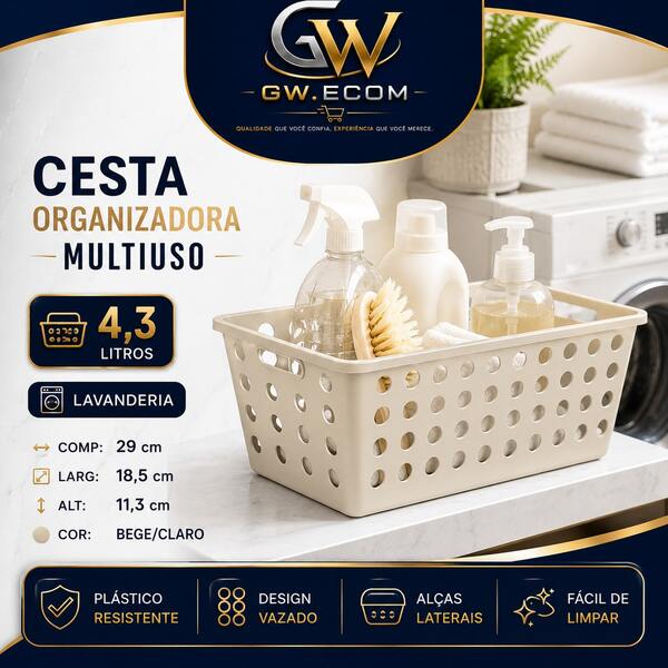 Kit 6 Cesto Organizador Com Alças Plástico Vazado Para Cozinha Quarto Caixa organizadora 4,3 litros