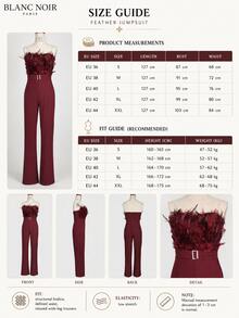 Burgunderroter Jumpsuit mit Federbesatz, Herz-Ausschnitt und weitem Bein, mit Gürtel, elegantes Party- & Abendoutfit - Bordeaux - Übersicht 12